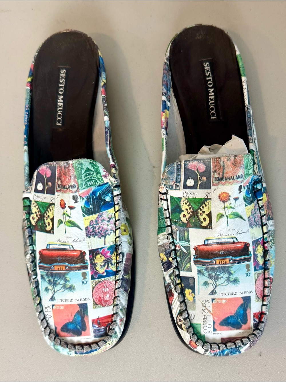 Vintage Sesto Meucci Made In Italy Postage Stamp Print Moccasins Mules Size 9.5 - Picture 2 of 12